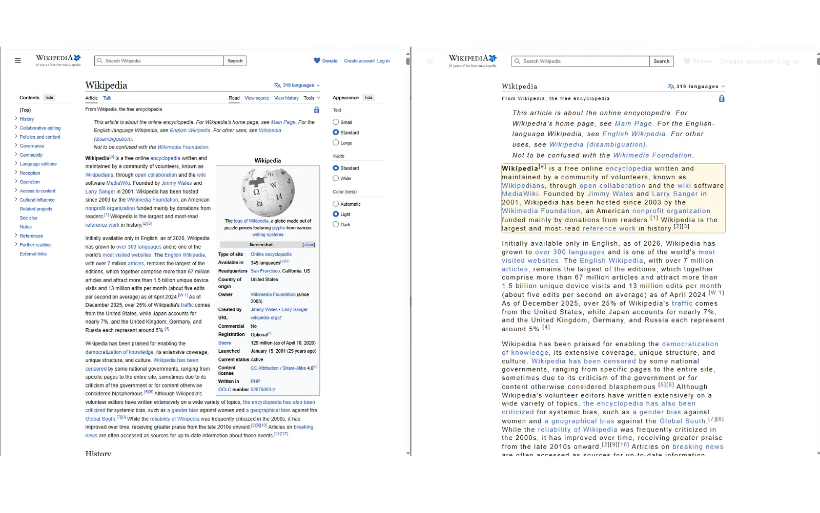 EaseRead making a text-heavy page calmer and easier to read.