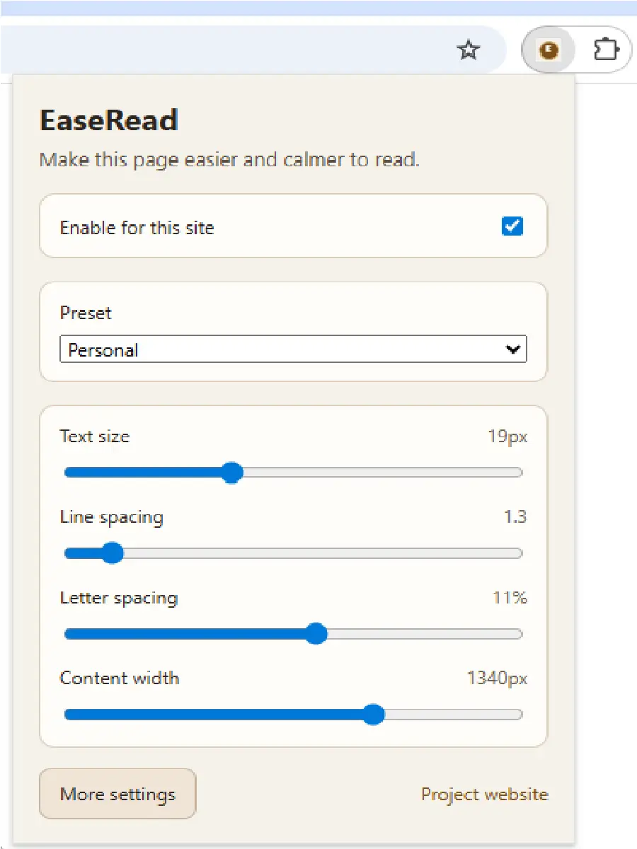 EaseRead popup with text size, spacing, and content width controls.