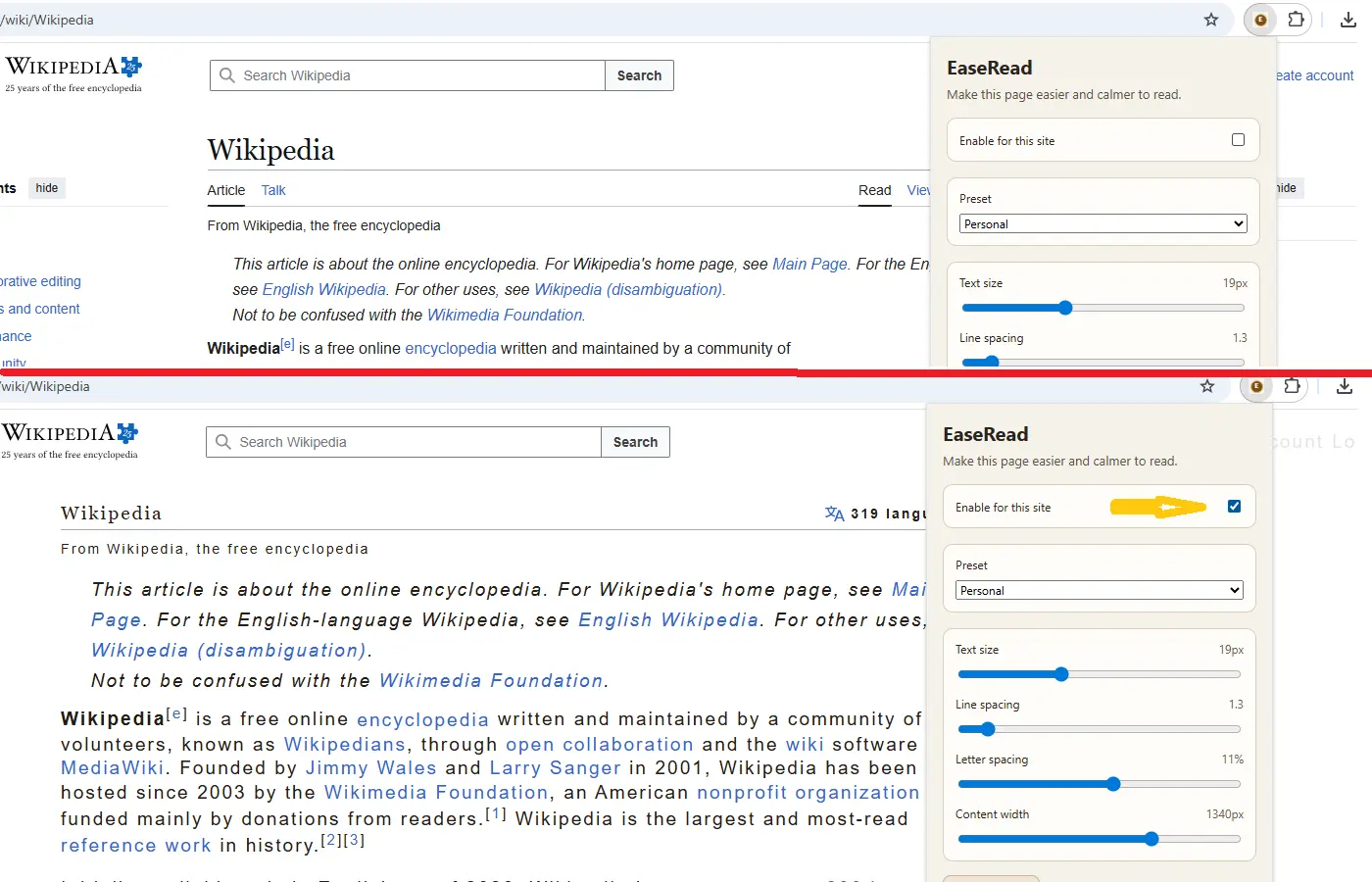 EaseRead popup opened on a page with Enable for this site turned on.